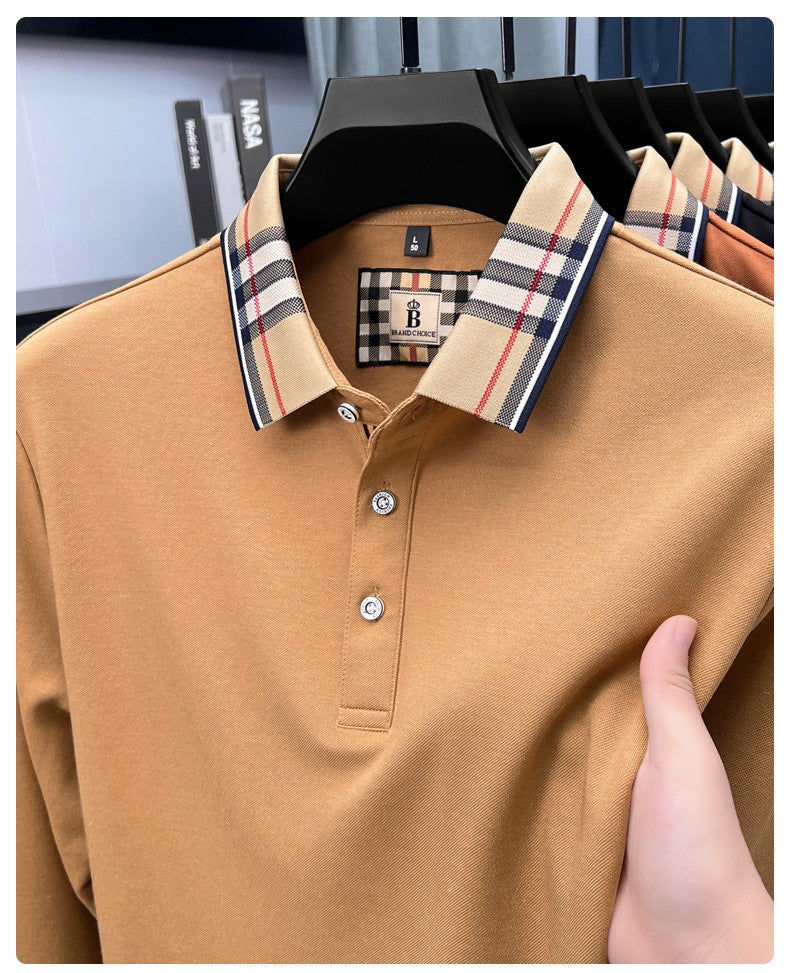 Luxury brand long sleeve polo shirt men comfortable casual autumn item silk cotton high-end Korean fashion plaid lapel T-shirt