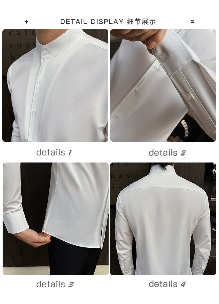 2025 Spring New Chinese Style High End Stand Up Collar Shirt Men's Long Sleeve Elastic Slimming Top Social Dress Shirt