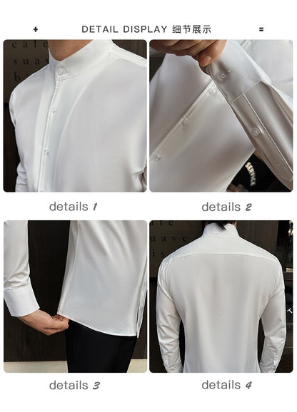2025 Spring New Chinese Style High End Stand Up Collar Shirt Men's Long Sleeve Elastic Slimming Top Social Dress Shirt