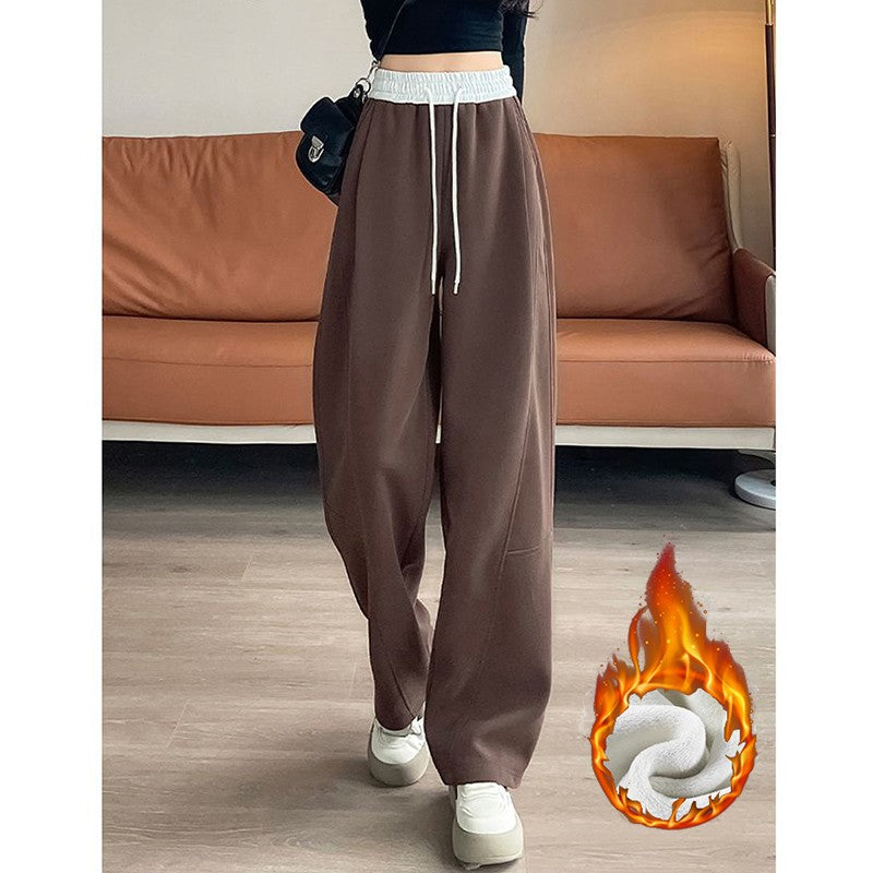Winter Lady Hot Sale High Waist Thermal Plush Pants Women Chic Straight Leg Fleece Trousers Girls Snow Warm Casual Pants