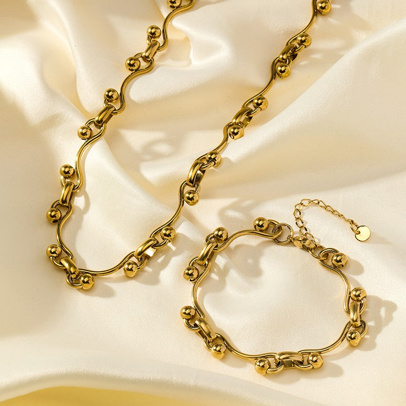 GANEMLY 316L Aço Inoxidável Metal Dourado Cor Contas Corrente Colar Pulseira Conjunto Para Mulheres Correntes Modernas Joias À Prova D'água Novo