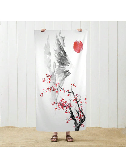 Japanese Sakura Sun And Mountain Beach Towel Microfiber Beach Towels, Oversized Lightweight Quick Dry Sand Proof, Absorbent