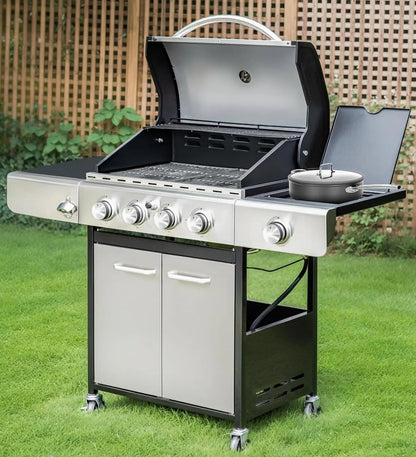 6-Burner Propane Gas Grill, Stainless Steel BBQ Grill with Side Burner and Porcelain-Enameled Cast Iron Grates