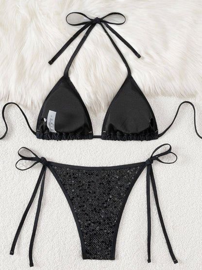 Shiny Sequin Black Bikini Set Women Sexy Push Up Bra Tie Side Triangle Swimsuit 2025 Brazilian Beach Bathing Suit Micro Swimwear