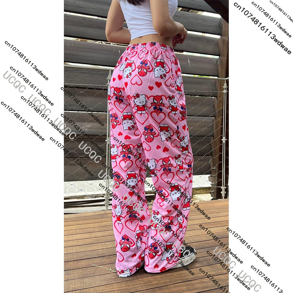 HOT SALE 2025 Hello Kitty Girls Pajamas Cartoon Y2K Print Street Dance Trousers Women Casual Couple Home Graffiti Pajamas Pants