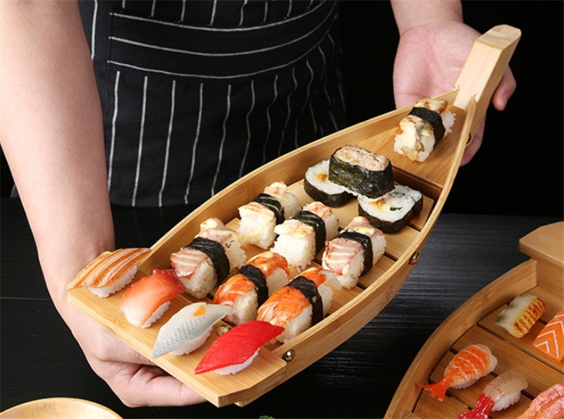 Barco de madeira artesanal japonês para culinária, sushi, ferramentas, navio simples, sashimi, pratos frios variados, talheres, conjunto de sushi
