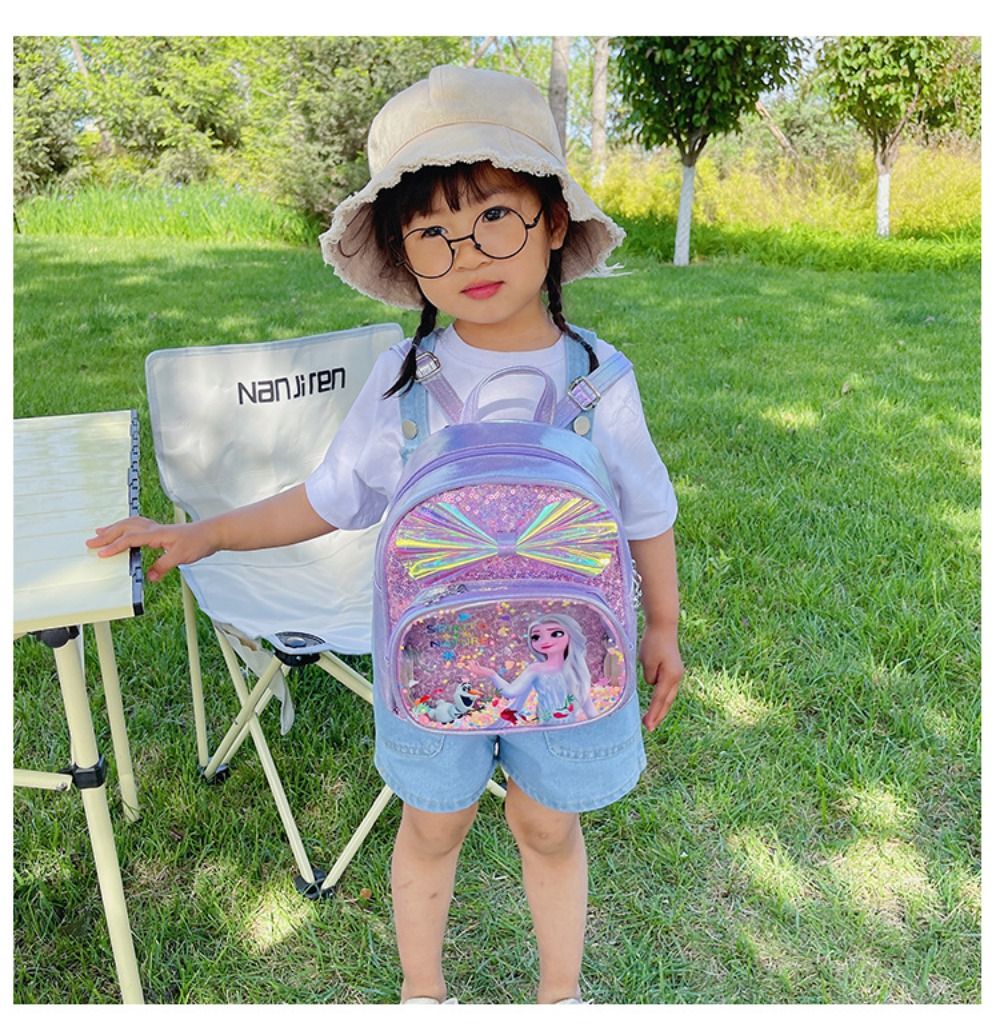 Mochila Mini de Glitter Princesa Elsa de Frozen da Disney, Linda com Laço de Lantejoulas, Bolsa Escolar de Jardim de Infância para Meninas, Desenho Animado Infantil, Mochila de Ombro Duplo