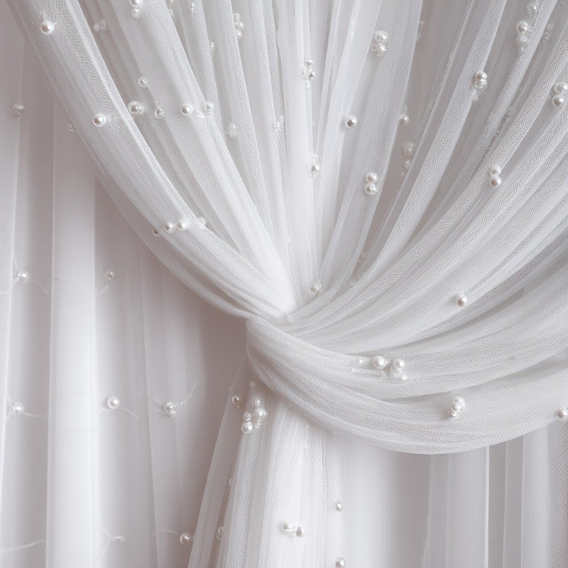 White Pearl Beaded Sheer Tulle Roll, Soft Gauze for Wedding Table Runner, Ceremony Arch Drape, Chair Sash,Bridal Shower Backdrop
