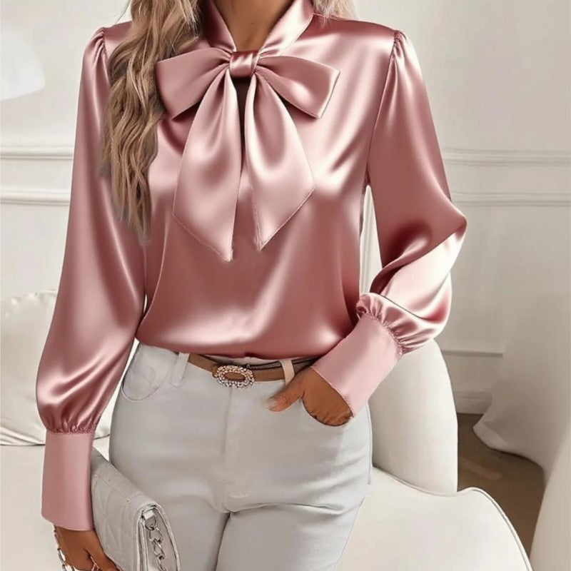 Autumn New Solid Color Sexy Hollow Bow Satin Shirt Women's Casual Comfortable Long Sleeved Top Blusas Elegante Feminina