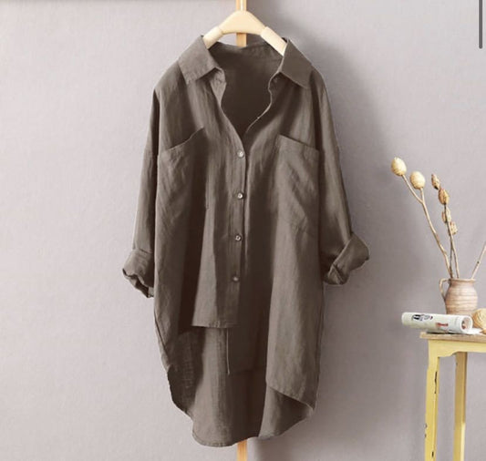 Women's Solid Color Shirt Large Size Long Sleeve Pockets Loose Blouses Front Short Back Long Casual Street Tops Women