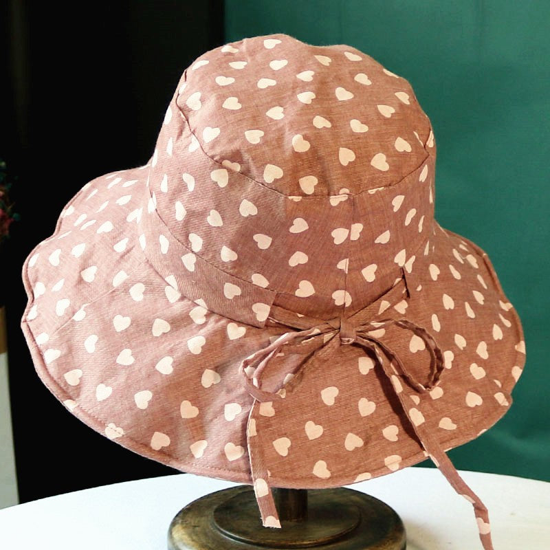 Chapéu feminino de verão, estampa de coração, aba grande para proteção solar, chapéu de sol de algodão e linho à prova de sol, chapéu de pescador dobrável