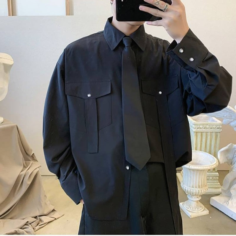 Gmiixder Cargo Long-sleeve Shirt with Tie Men's Oversize Kpop Shirt Korean Streetwear Versatile Motorcycle Pocket Streamers Coat