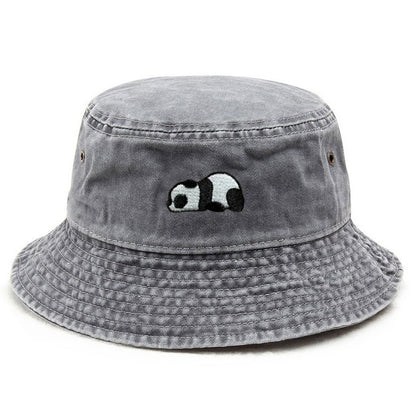 Panda Embroidery Washed Cotton Bucket Hat for Men Women Vintage Wide Brim Sun Protection Adjustable Outdoor Fishing Beach Cap