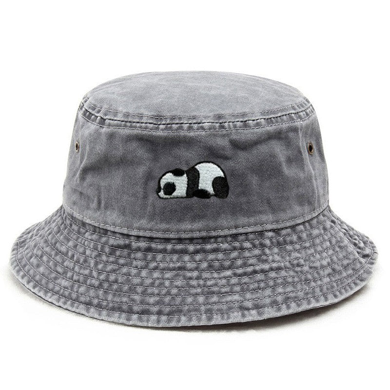 Panda Embroidery Washed Cotton Bucket Hat for Men Women Vintage Wide Brim Sun Protection Adjustable Outdoor Fishing Beach Cap