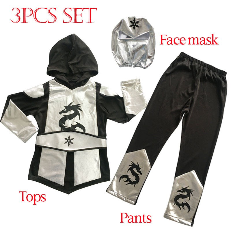 Kids Gold Sliver Dragon Ninja Cosplay Costume Boys Samurai Cosplay Hooded Pants Party Fancy Costume for Height 110-130cm