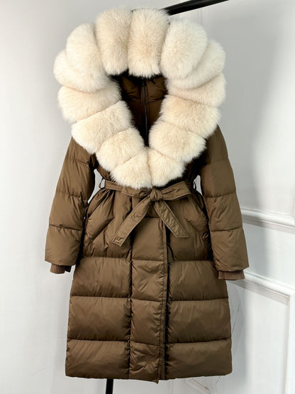 Janveny New Winter Long Hooded Puffer Jacket Women Warm Thickened Real Fox Fur Collar White Goose Down Jacket Waterproof Parkas