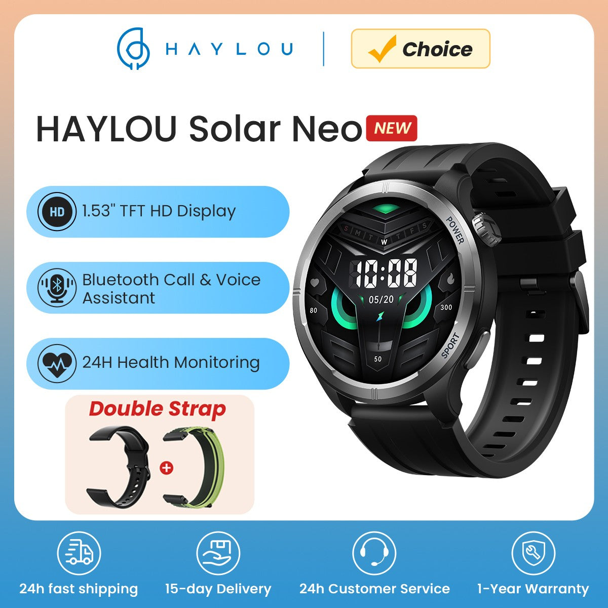 Smartwatch HAYLOU Solar Neo Tela HD de 1.53'' Monitoramento de Saúde 24H Chamada Bluetooth Smartwatch Masculino Feminino Relógios Esportivos Inteligentes