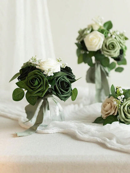 25pcs Artificial Roses, Green Gradient Artificial Rose Set - DIY Wedding Bouquet, Suitable For Wedding, Cake, Party Decoration