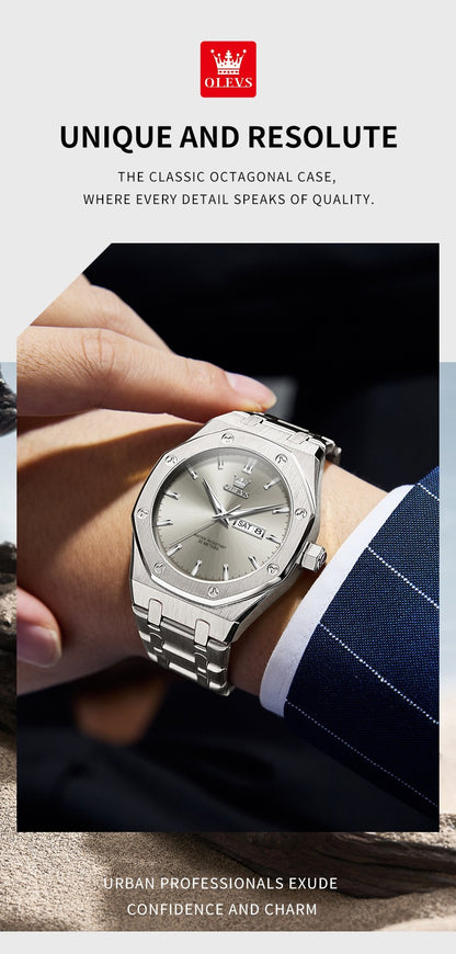 OLEVS Men's Watches Luxury Fashion Fine Steel Original Quartz Wristwatch for Man Waterproof Luminous Date Week Trend Dress 3726