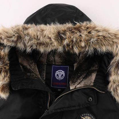 Men's Winter Black Aviator Jacket with Detachable Faux Fur Trimmed Hooded Cold Fashion Embroidered Badge and Zipper Pockets