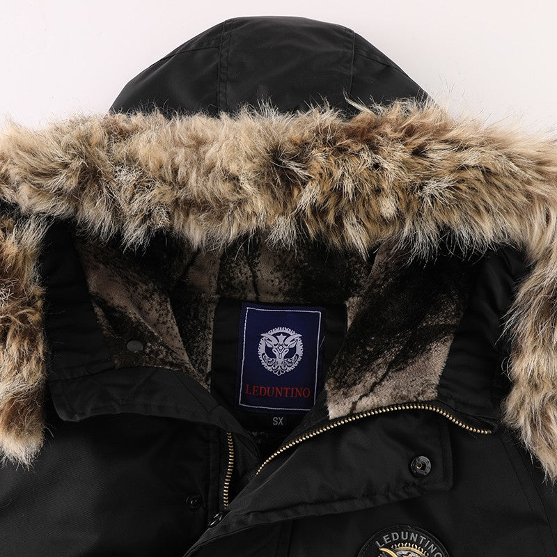 Men's Winter Black Aviator Jacket with Detachable Faux Fur Trimmed Hooded Cold Fashion Embroidered Badge and Zipper Pockets