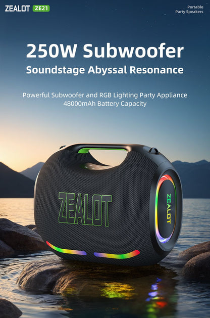 ZEALOT-ZE21 250W Alto Poder Sem Fio TWS Subwoofer Bluetooth Speaker Alto Volume À Prova D'Água Portátil Power Bank Som HIFI