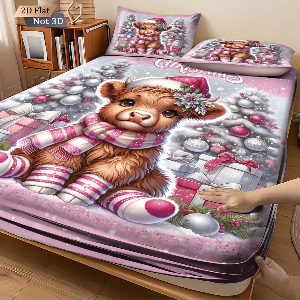 3pcs Christmas Highland Cow Print Coreless Bed Sheet Set Multiple Size Bed Cover Bedroom Bedding,  Decoration Machine Washable