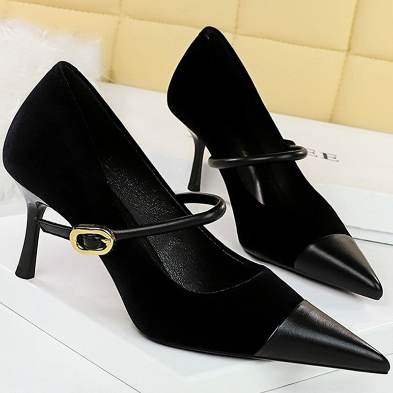 Korean Version Party 10cm 7cm High Heels Women Shoes Thin Heels Velvet Shallow Montage Pointed Toe Metal One-line Buckle Pumps