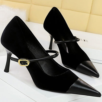 Korean Version Party 10cm 7cm High Heels Women Shoes Thin Heels Velvet Shallow Montage Pointed Toe Metal One-line Buckle Pumps