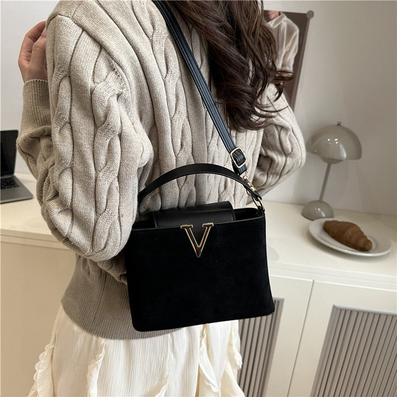 Fashionable Mini Suede Women's Bag, Faux Suede Tote Bag, Hardware Lock Buckle Decoration Handbag Purse Shoulder Cross Body Bags