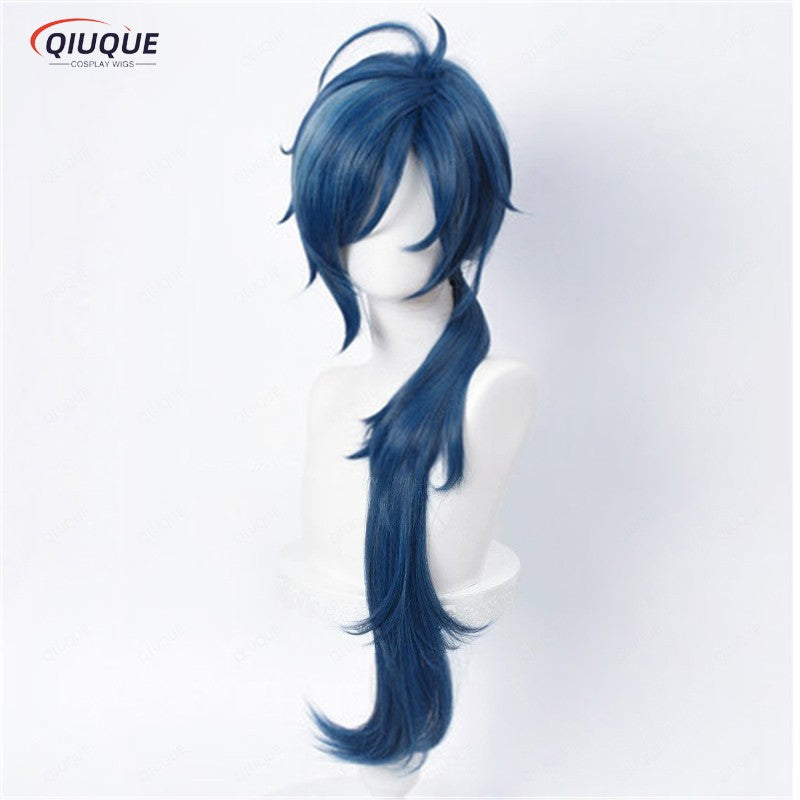 High Quality Game Impact Kaeya Cosplay Wig 80cm Long Ink Blue Heat Resistant Synthetic Hair Anime Cosplay Wigs + Wig Cap
