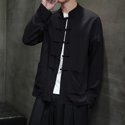 Chinese-style Men's Black Long-sleeve Shirt, Cotton-linen Blend Stand-up Collar Shirts, Available in Burgundy, Beige, and Gray.