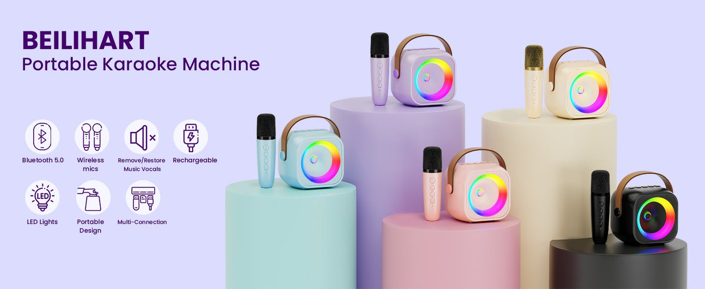 Máquina de Karaokê Portátil Haomuren com 1 ou 2 Microfones Sem Fio Mini Caixa de Som Bluetooth para Crianças Cantarem Presente de Festa em Família