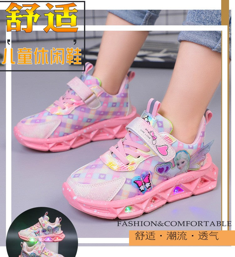 Disney Children's Sports Shoes Led Lights Sneaker Cartoon Frozen Princess  Elsa PU Leather Girls' Pink Children's Running Shoes