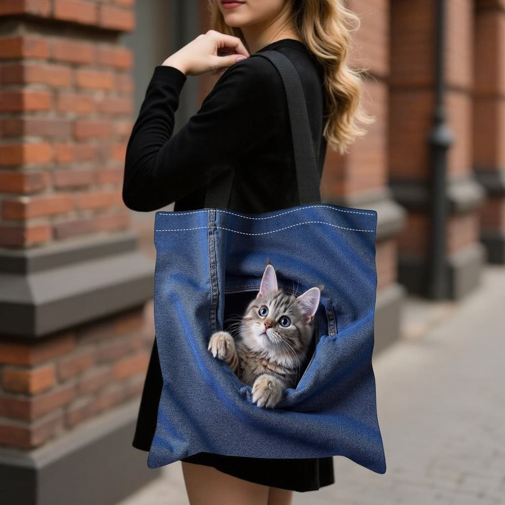 Storage Bag Cat Peeking Through Jeans Pocket Pattern Handbag Cute Animal Tote Bags Suitable for Shopping Traveling Shoulder Bag