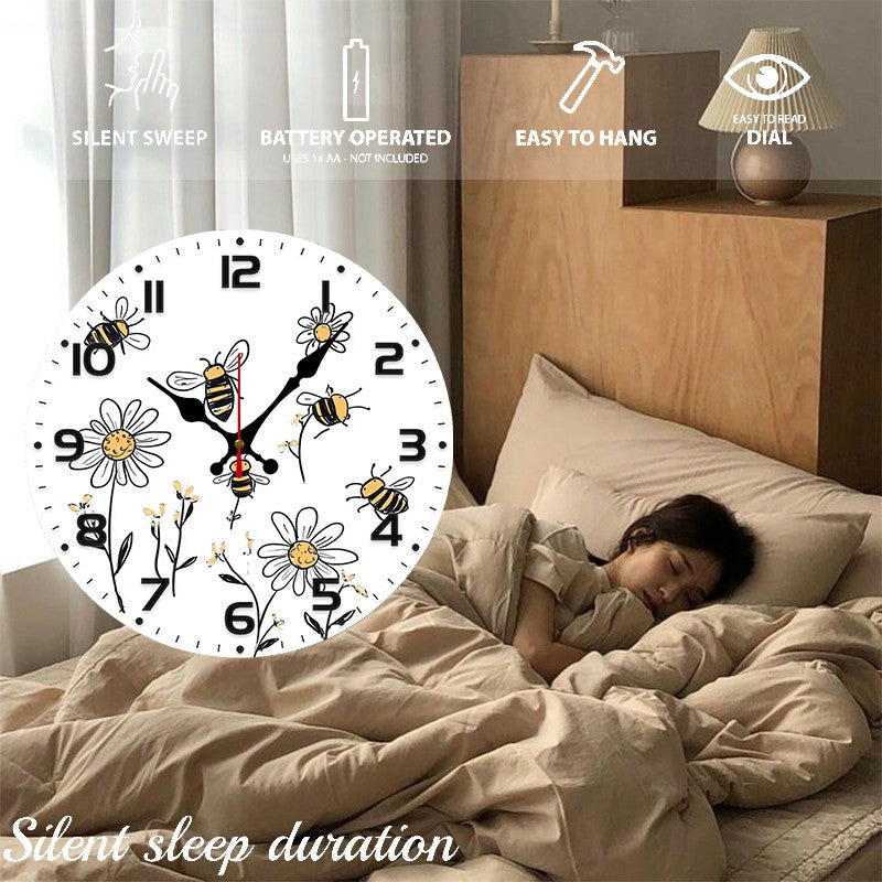 Bee And Daisy Wooden Round Silent Hanging Wall Clock, Suitable For Living Room, Office, Study Room, Bedroom, Home Decoration