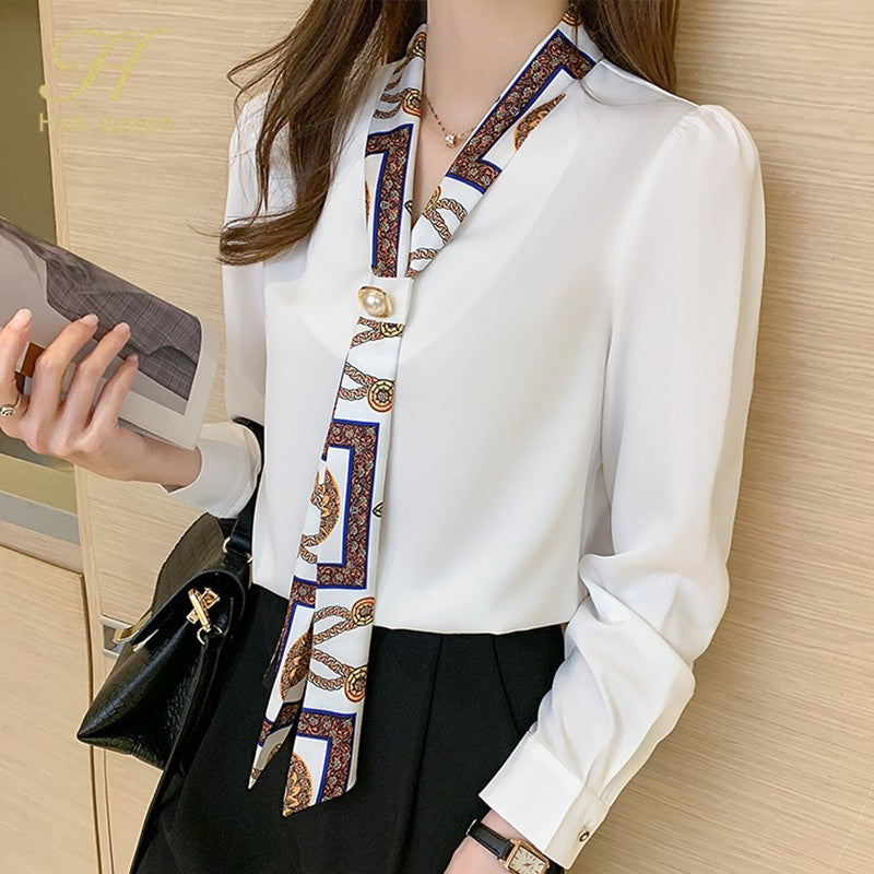 H Han Queen Spring Chiffon Simple Office Lady Blouse Female Shirt Bow Tops Long Sleeve Casual Korean OL Loose Blouses Women