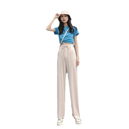 Ice Silk Wide-Leg Pants Women Cool Sweatpants Summer Thin Pleat Loose Straight Pants Office Lady Casual Drawstring Long Trousers
