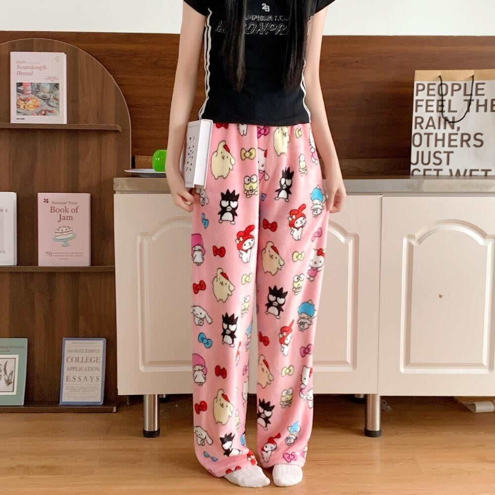 Anime Stitch Plush Pajama Pants Sanrio Kawaii Hello Kitty Cute Women Winter Warm Student Sleeping Pants Loose Casual Home Pants