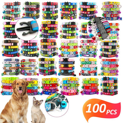 100Pcs Dog Collar With Bells Adjustable customize Necklace Puppy Kitten Collar Accessories Pet Shop Products Rabbit Neck Strap