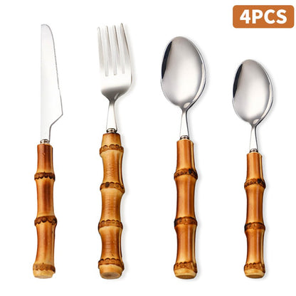 Conjunto de Talheres com Cabo de Bambu Natural, Talheres de Aço Inoxidável, Talheres de Cozinha, Inclui Garfos Colheres Facas Talheres