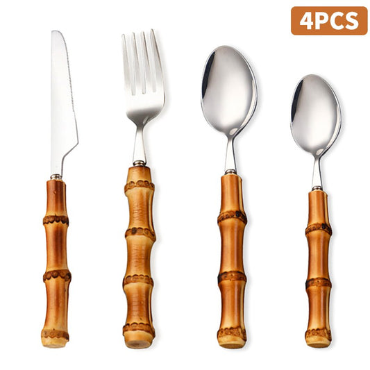 Conjunto de Talheres com Cabo de Bambu Natural, Talheres de Aço Inoxidável, Talheres de Cozinha, Inclui Garfos Colheres Facas Talheres