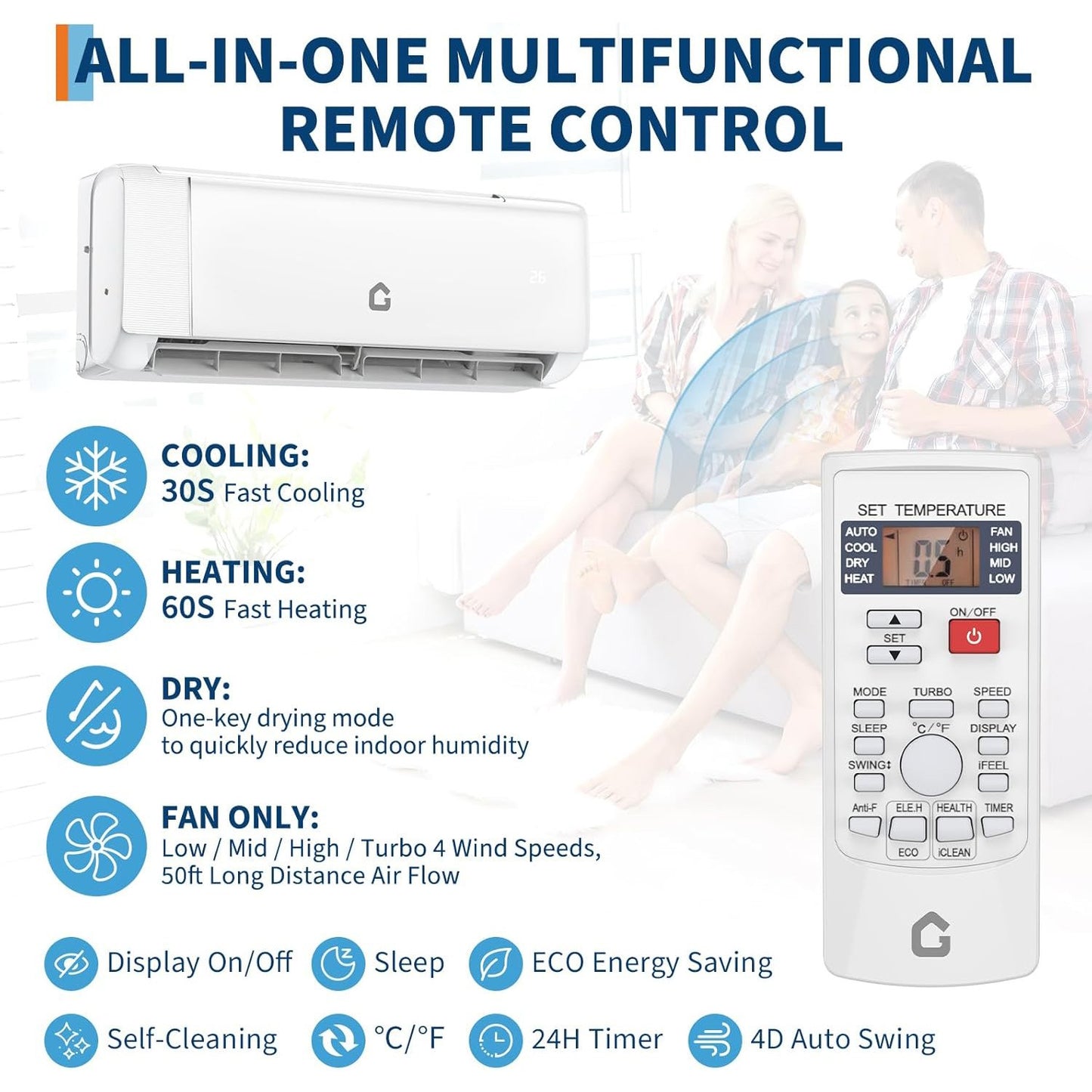 Bomba de Calor Inverter Mini Split de Alta Eficiência (SEER 18.5-22) – 9000-24000BTU 115V/230V Wi-Fi Remoto Fácil Instalação Para Casa