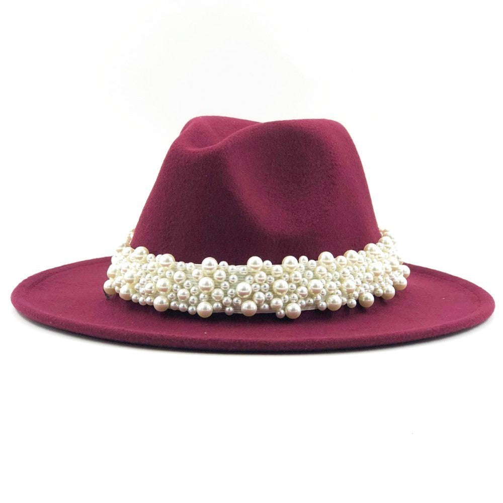 Chapéu Fedora De Lã Feminino Masculino Com Fita De Pérolas Cavalheiro Elegante Senhora Inverno Outono Aba Larga Igreja Panamá Sombrero Boné De Jazz 60CM