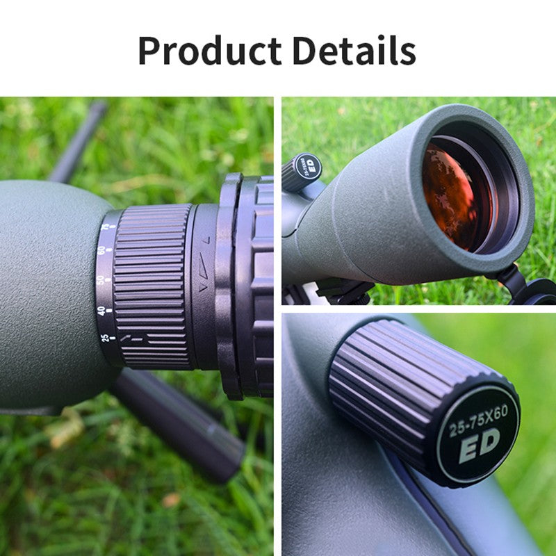Monóculo Telescópio para Observação de Aves 25-75x60 ED HD Prisma BAK4 Impermeável e Anti-embaciamento para Acampamento ao Ar Livre e Observação da Vida Selvagem