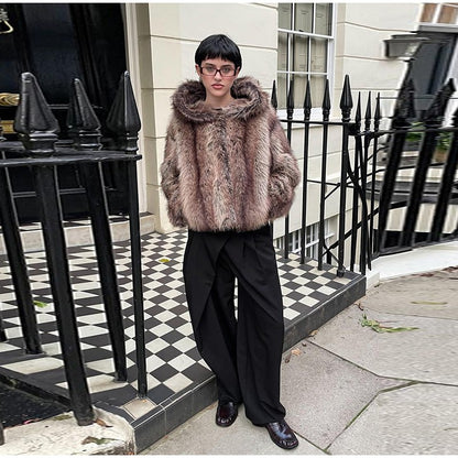 Warm Women's Hooded Faux Fur Cropped Coats Loose V-neck Full Sleeve Thicken Jacket Female 2025 Autumn Winter Lady Luxury Outwear