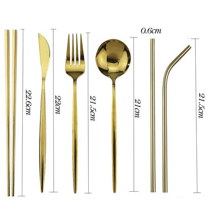 Travel Hiking Portable Dinnerware Set with Pouch Reusable Stainless Steel Straw Cutlery Knife Spoon Fork Chopsticks Silverware