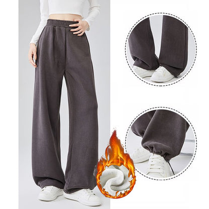 Winter Lady Snow Warm Thin Straight Leg Pants Girls Classic Daily Plush Trousers Women High Waist Thermal Fleece Pants