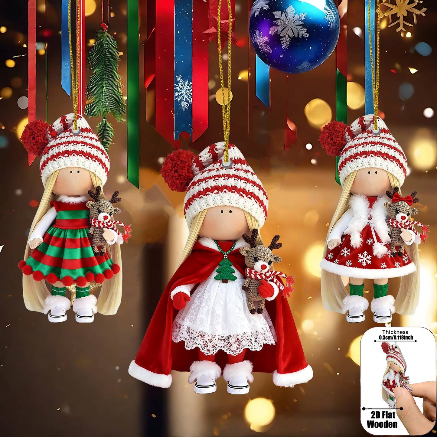 12Pcs Classic Long-haired Christmas Doll Design High-quality 2D Flat Wooden Pendant Christmas Doll Decoration for Christmas