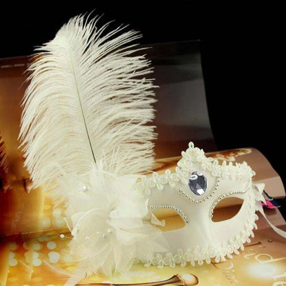 Feather Rhinestones Masquerade Mask Lace Women Flower Fashion Half Face Sexy Halloween Christmas Easter Cosplay Party Prom White
